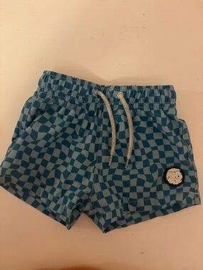 Little Surfer Dude blue Checker Swim Trunks with Drawstring